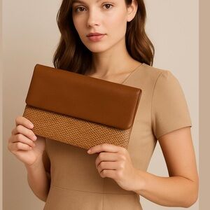 LOUENHIDE clutch purse wallet Brown & tan faux Leather zippered sections slots